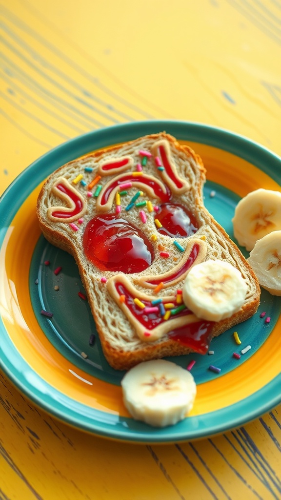 A fun peanut butter and jelly sandwich with sprinkles and banana slices on a colorful plate.